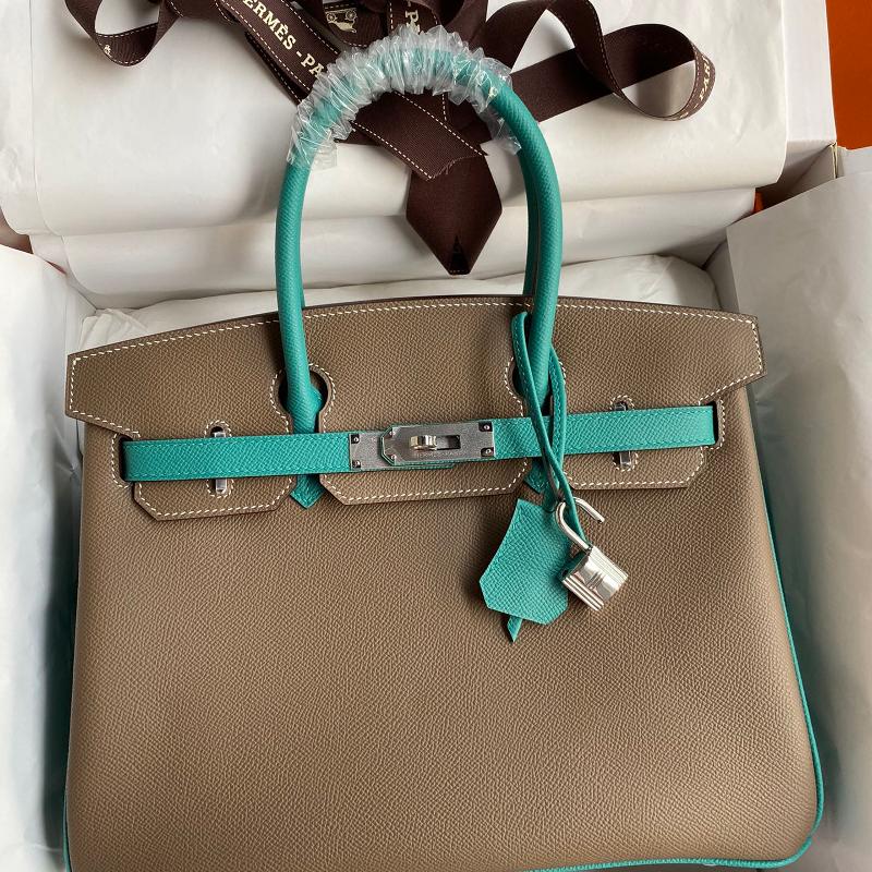 Hermes Birkin30EP Colored Elephant Grey and Peacock Blue Silver Button